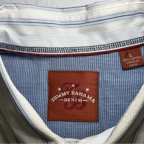 Tommy Bahama Jeans Flip Cuff Striped Button Up Shirt Men L Blue White Beach Camp - Picture 7 of 9